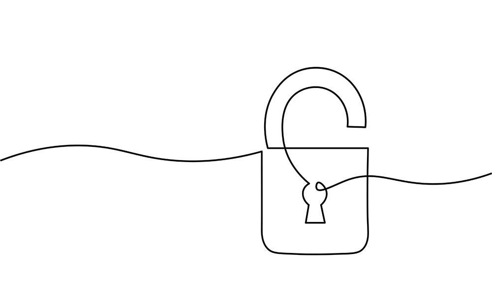 Line illustration of a thread running across an unlocked padlock