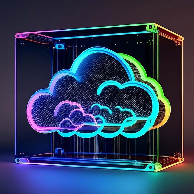 DevOps cloud infrastructure concept showing a cloud inside a glass cube with multi-color highlights