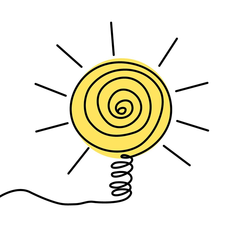 Line illustration showing a rough light bulb then a complete light bulb