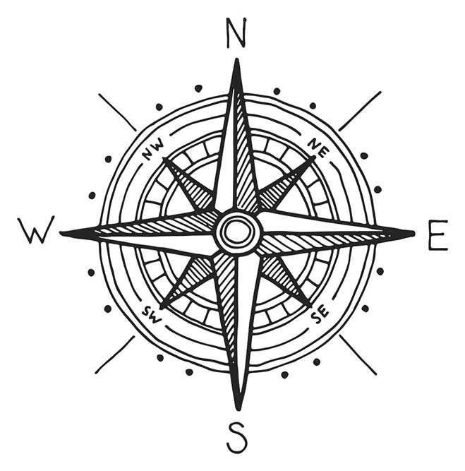 Line illustration showing a compass