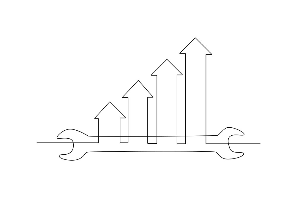 Line illustration showing a wrench and arrows pointing up