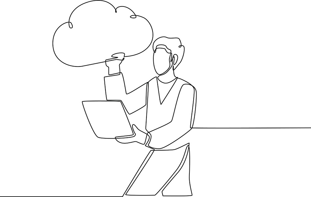 Line illustration showing a person holding a laptop and a cloud