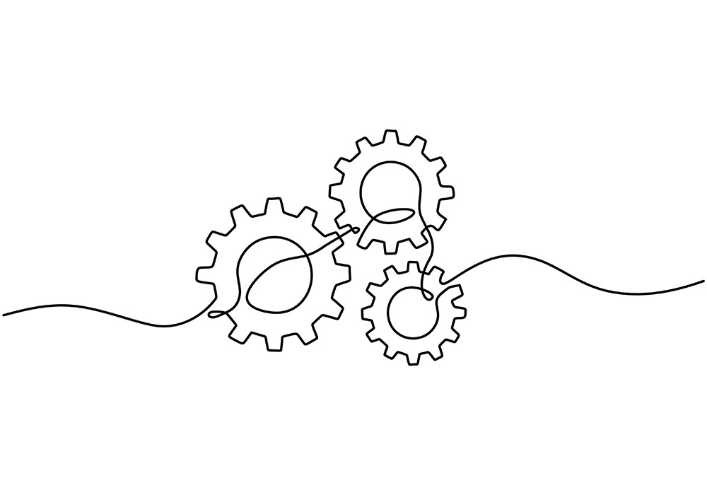 Line illustration showing cogs with a thread weaving through them