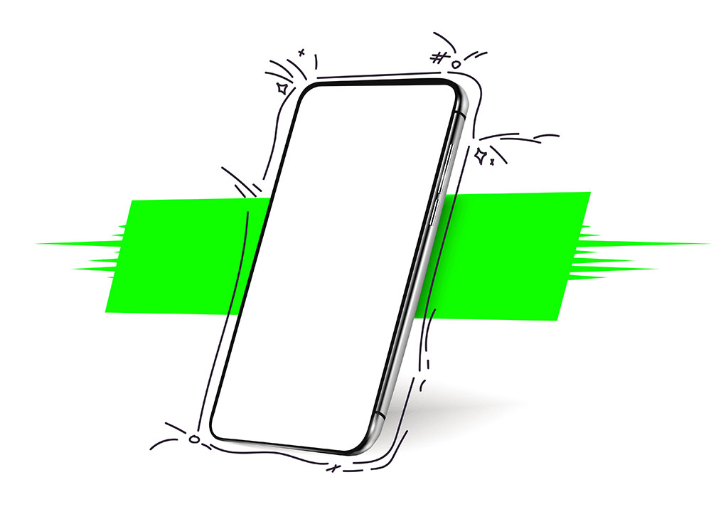 Line illustration of a mobile phone with flourishes