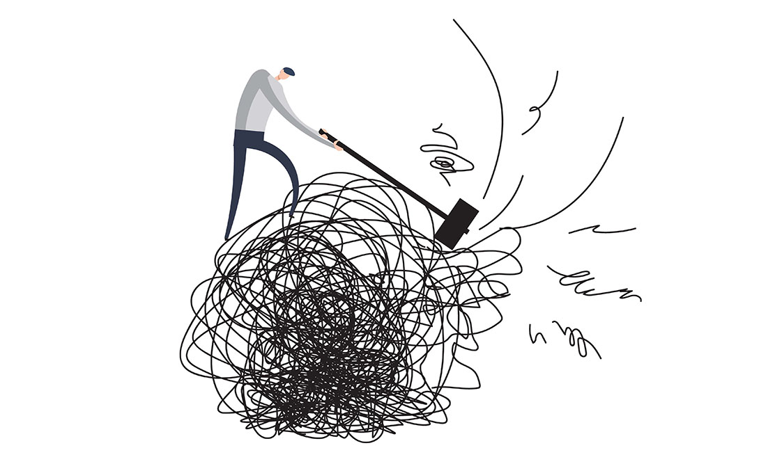 Line illustration of a person hacking away at a tangled line